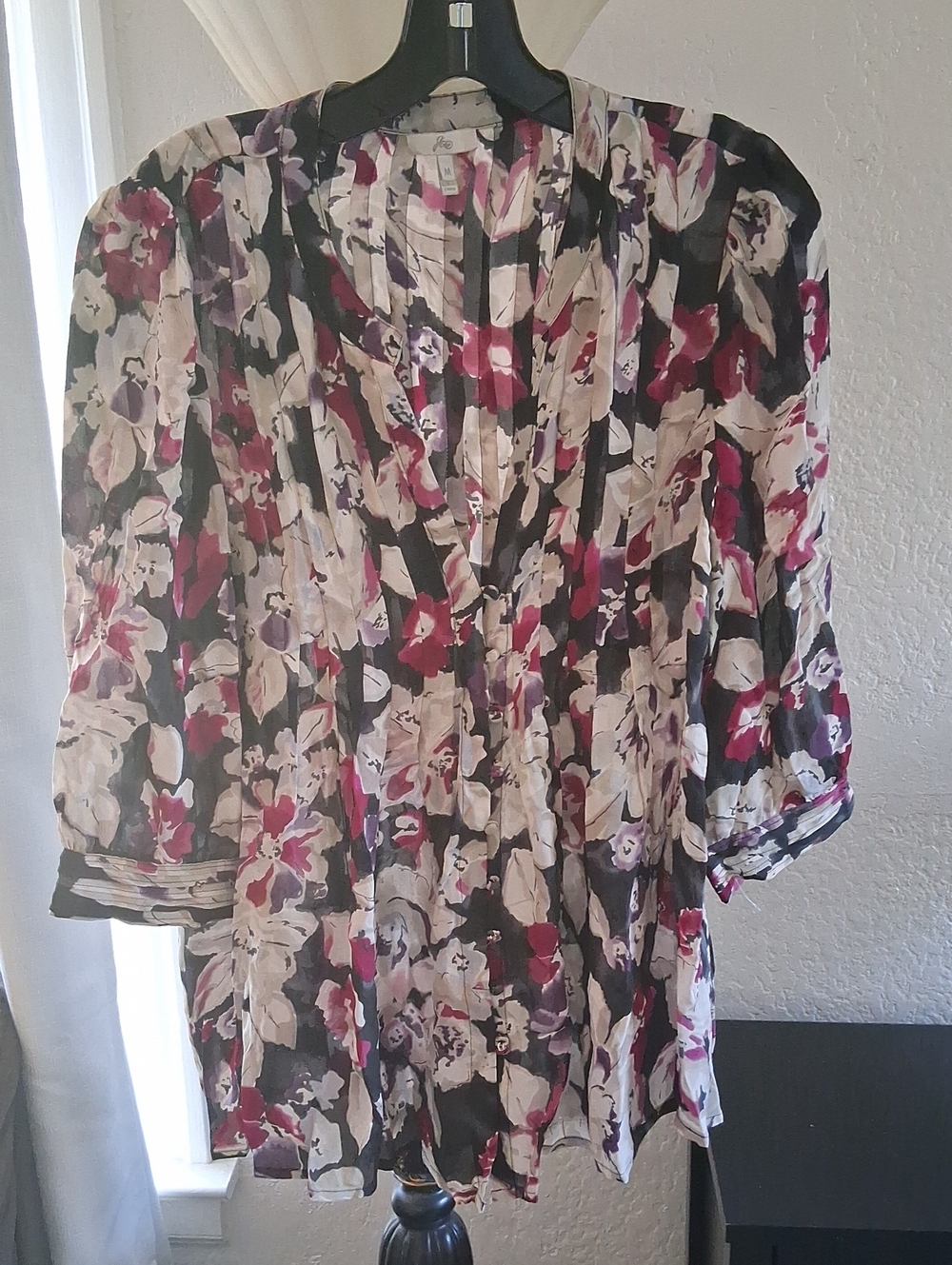 Joie Floral Pleated V-Neck Blouse in Black, Cream & Burgundy